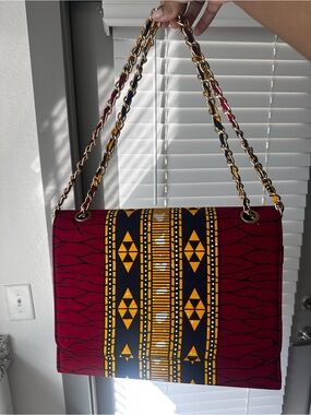 Isokenofe | African Print Shoulder Bag in Wine Red and Mustard